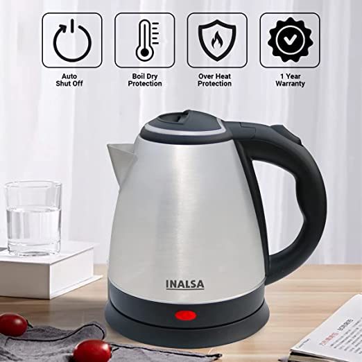 INALSA Electric Kettle 1.5 Liter with Stainless Steel Body - Kwik|Auto Shut Off & Boil Dry Protection Safety Features| Cordless Base & Cord Winder|Hot Water Kettle |Water Heater Jug INALSA Electric Kettle 1.5 Liter with Stainless Steel Body - Kwik|Auto Shut Off & Boil Dry Protection Safety Features| Cordless Base & Cord Winder|Hot Water Kettle |Water Heater Jug